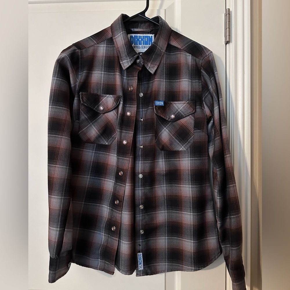 Dixxon Flannel. Brown/Orange/Gray Plaid. Pearl Snaps. Medium. The Patina.